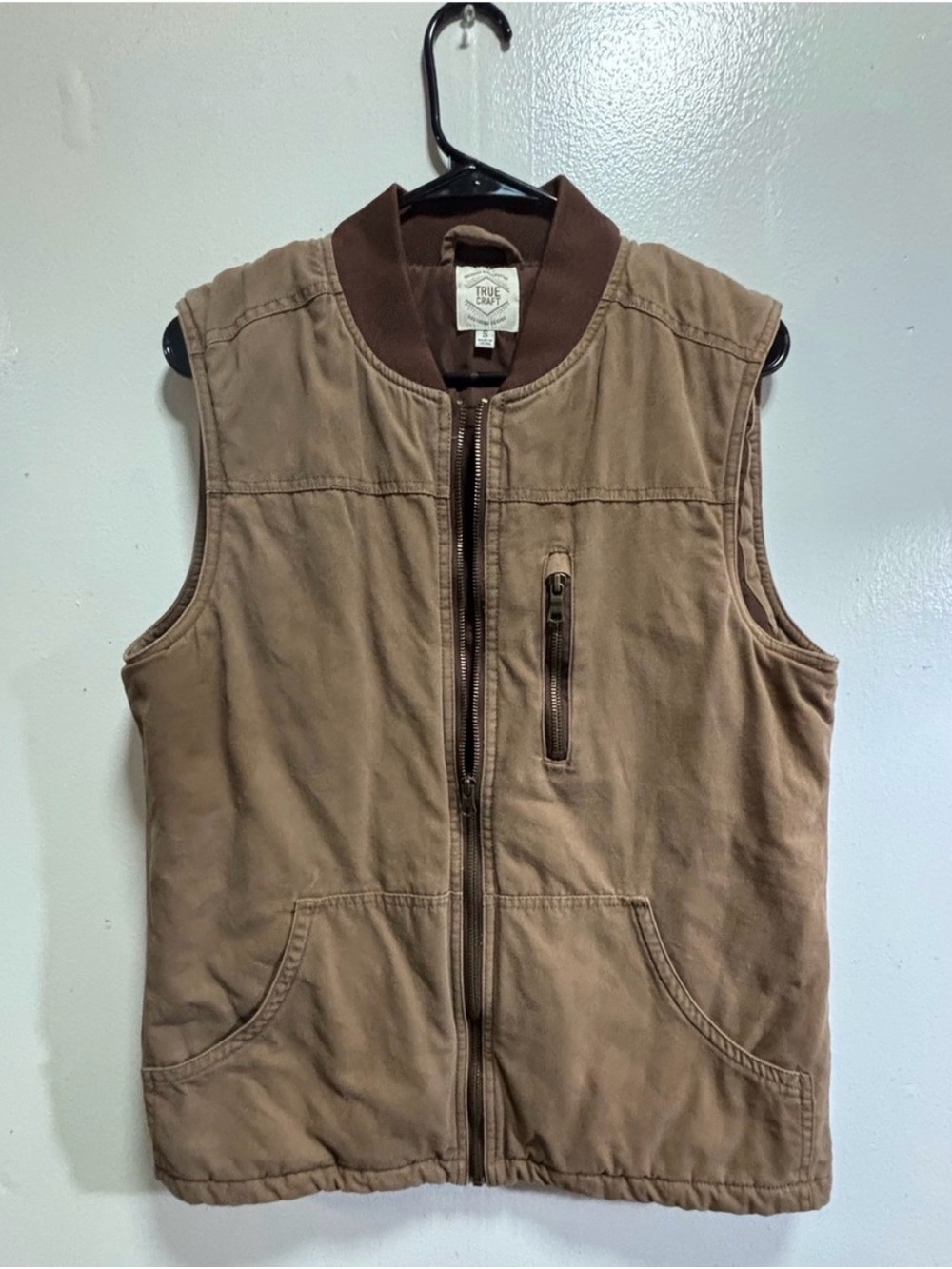 True Craft Tan Quilted Canvas Work Vest with Rib Collar